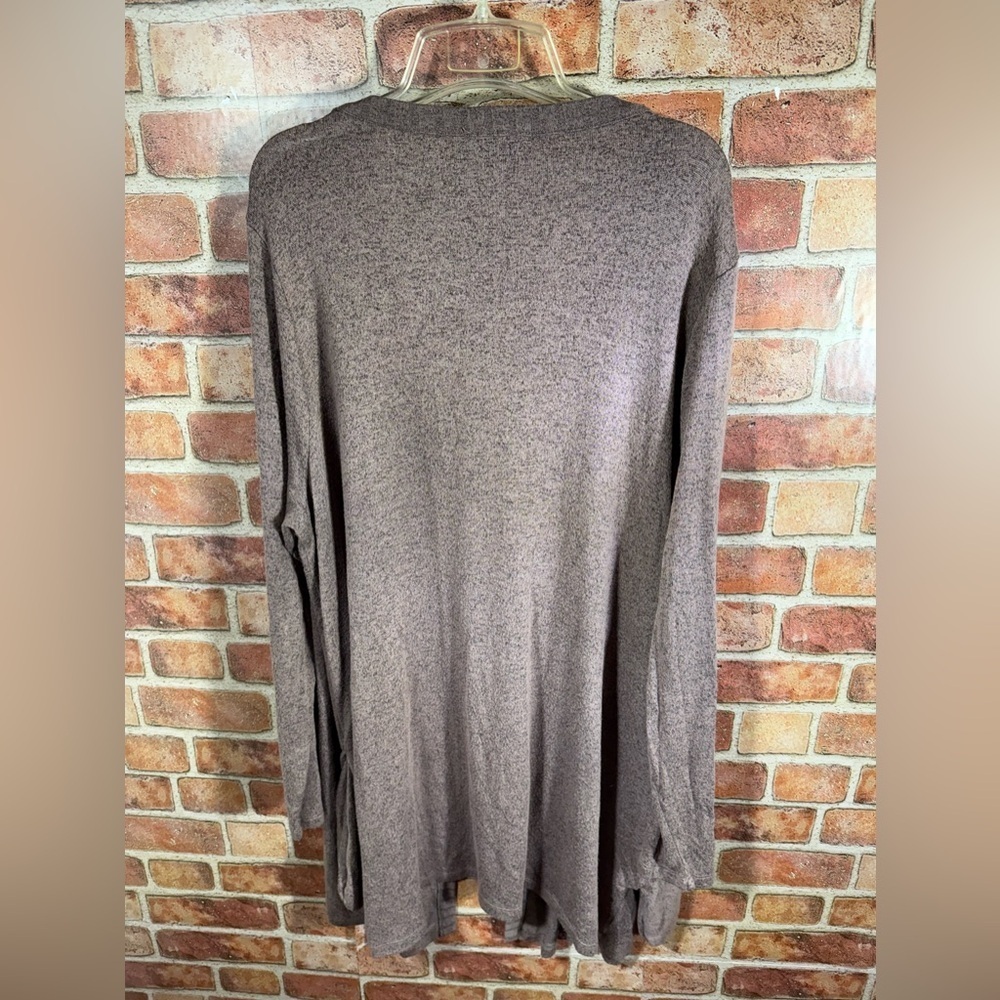 AnyBody Loungewear Hacci Tie Front Cardigan-Smokey Taupe-1X - Picture 2 of 8